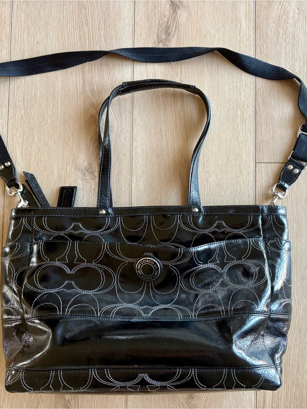 Coach Black Patent Leather Diaper Signature Tote with Removable Strap